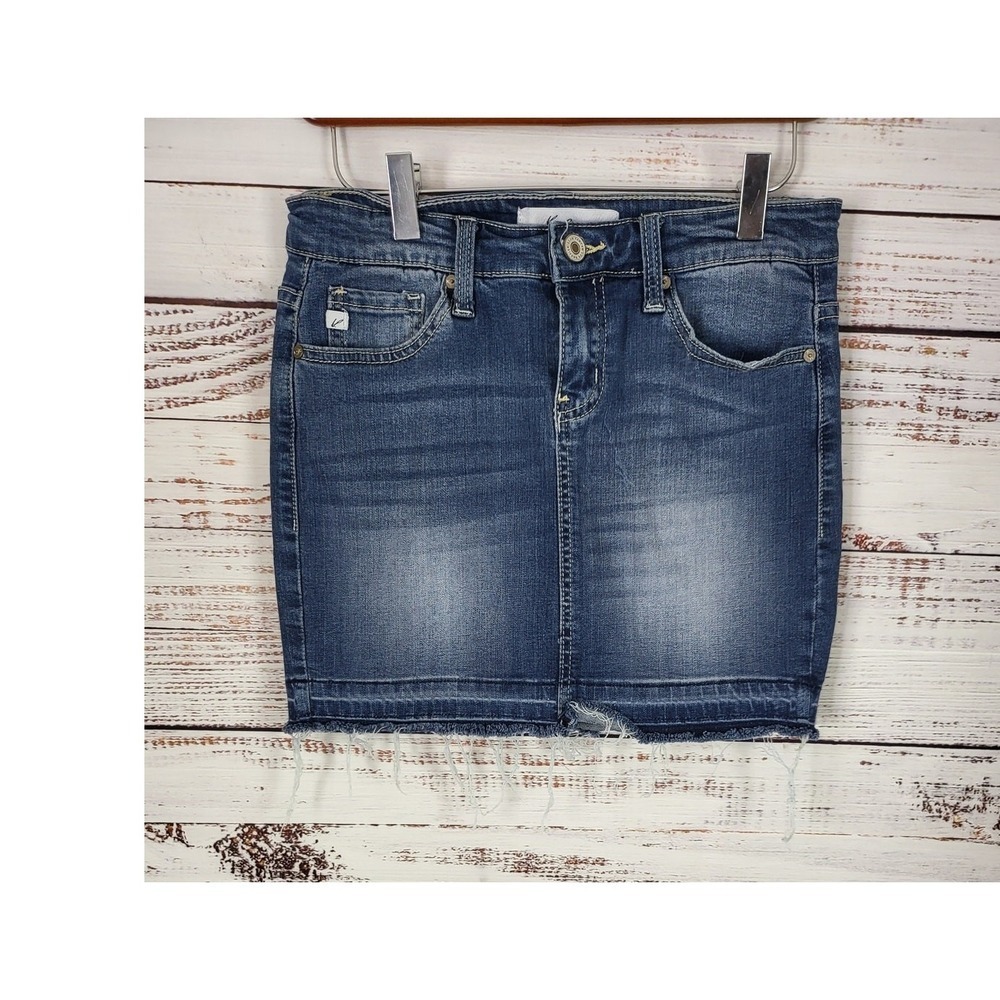 Kancan Mini Skirt S‎ Womens Raw Hem Medium Wash Stretch Denim
